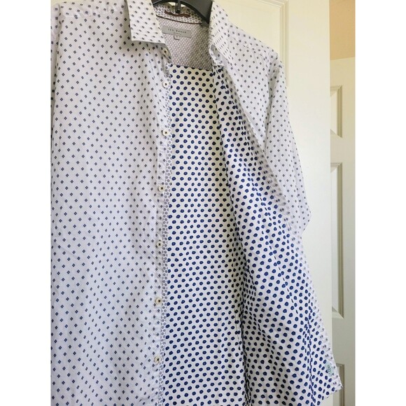 Ted Baker Men Cream Blue Diamond Pattern Dress Shirt Size 5 100% Cotton Portugal - Picture 4 of 11
